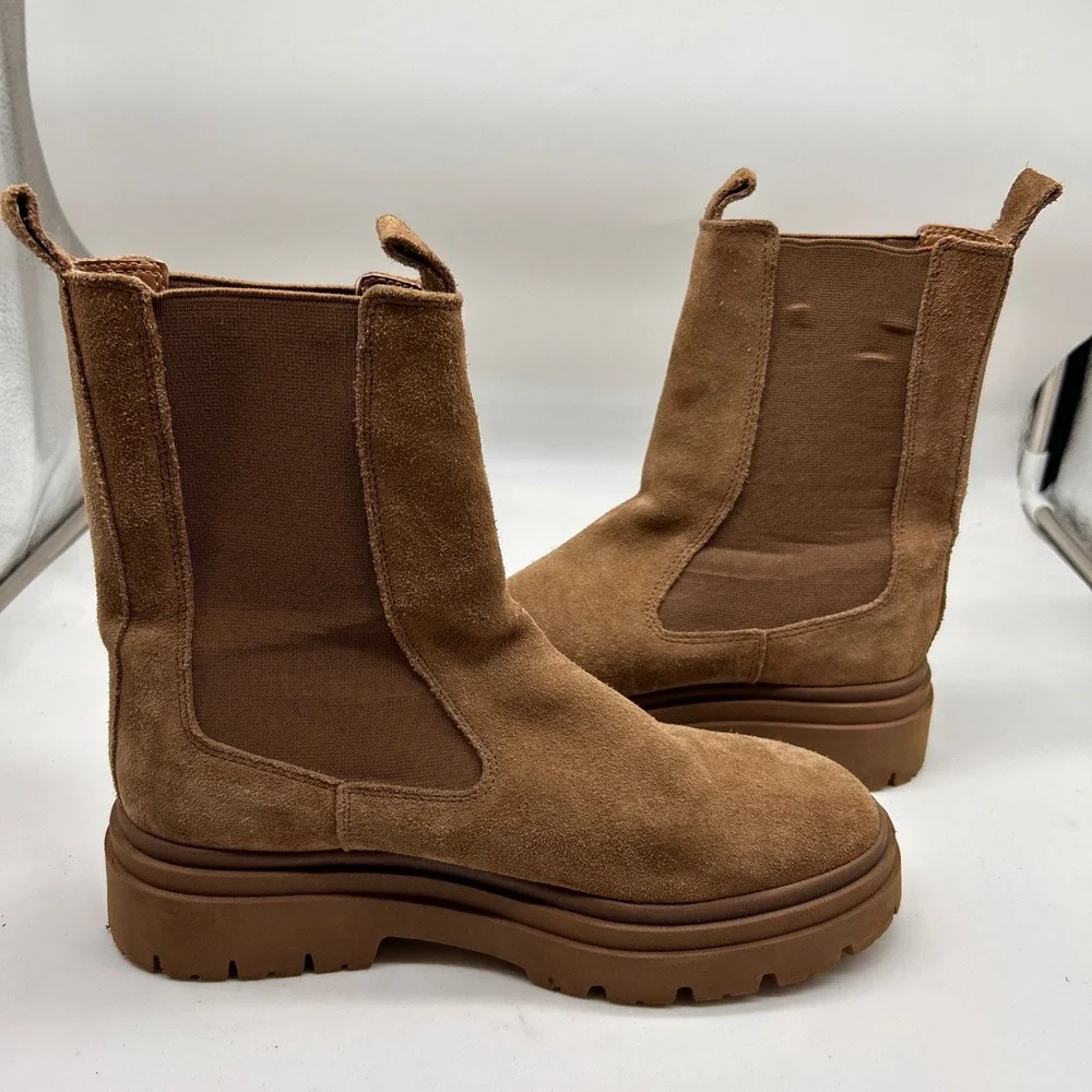 Zara Tan Suede Lug Sole Chelsea Boots Mid Calf Platform 39 - Picture 7 of 8